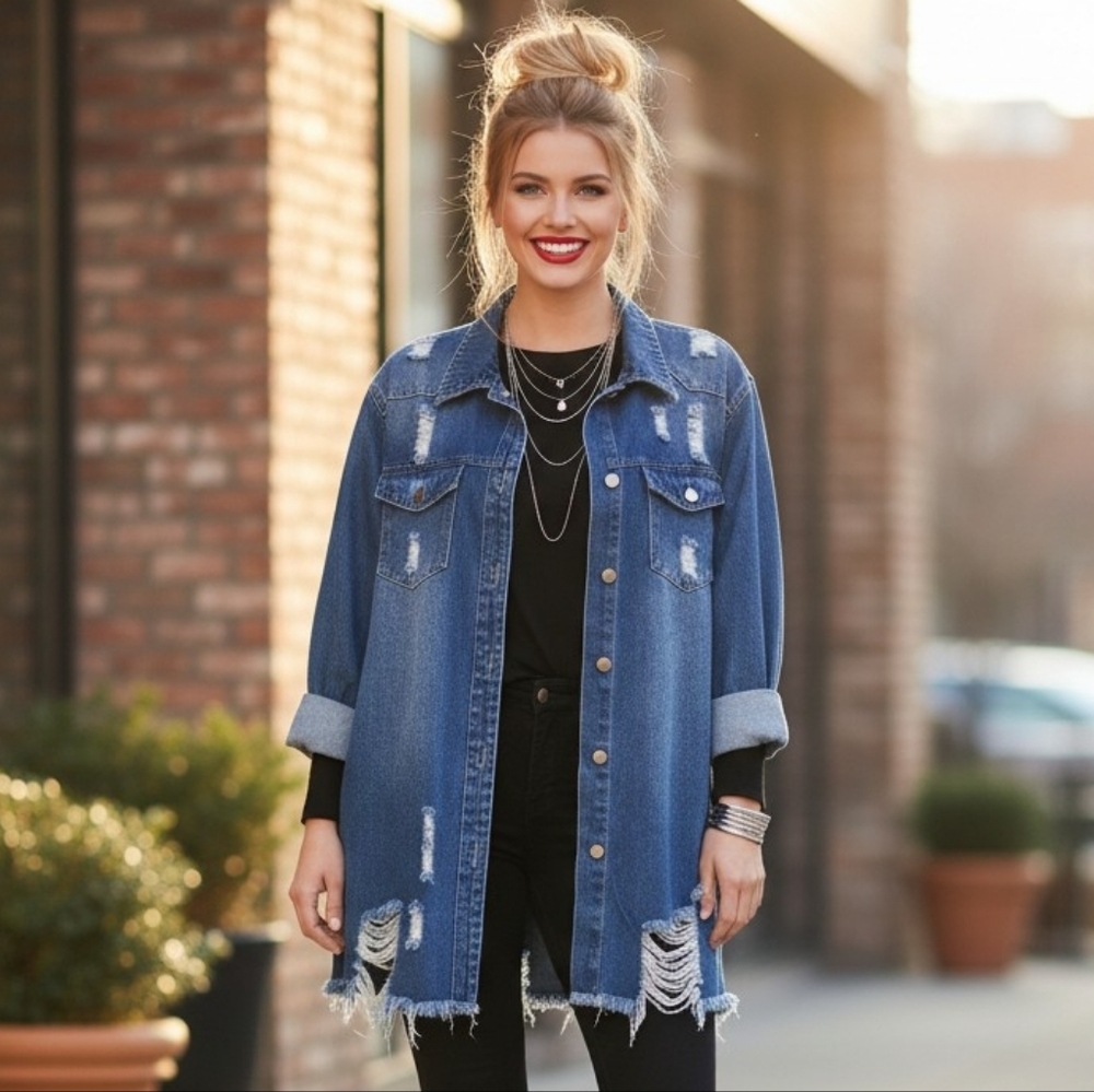 NWOT Distressed Denim Shacket Oversized Shirt Jacket Relaxed Fit Y2K Style